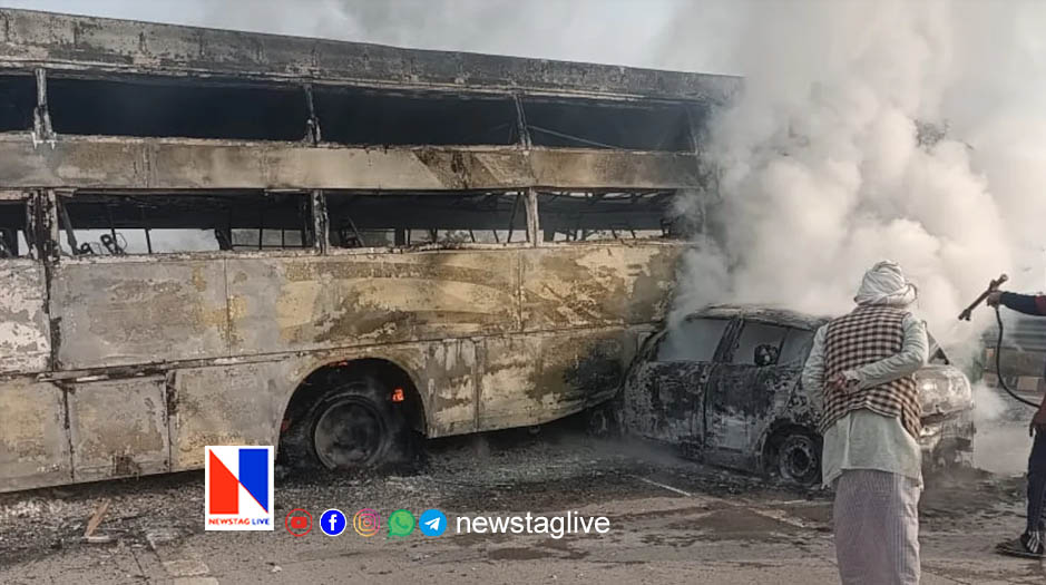 5 dies after car rammed into bus and caught fire
