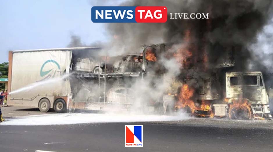 8 cars charred after container lorry caught fire