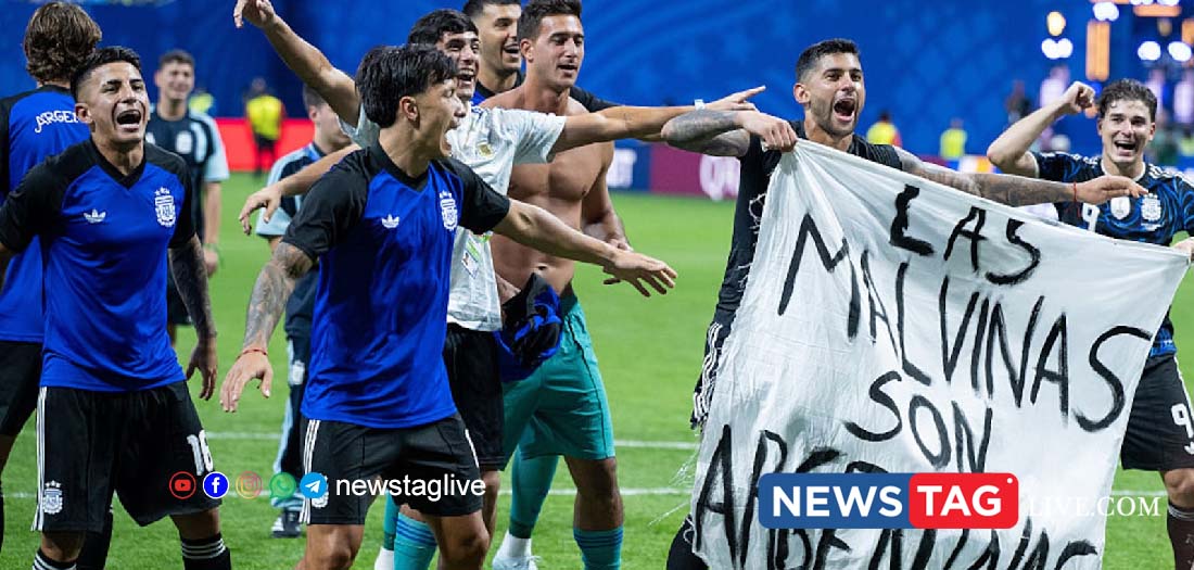 Argentina players with Falkland Islands banner after win over England