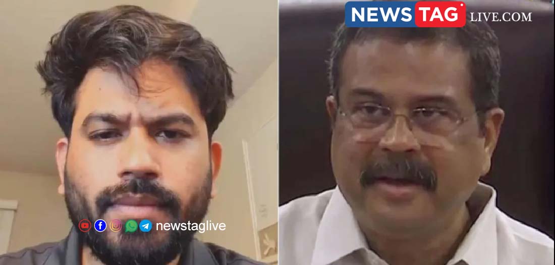 Cockroach Janta Party founder Abhijeet Dipke (left), Union Education Minister Dharmendra Pradhan
